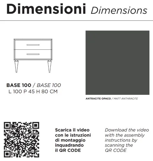 Mobile bagno moderno 100 cm - Antracite Opaco - 2 cassetti - Lavabo - CLASSIC