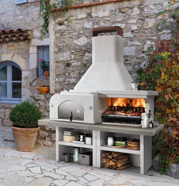 Palazzetti Gargano 3 barbecue a legna grezzo con forno e piano in Marmotech effetto granito grigio