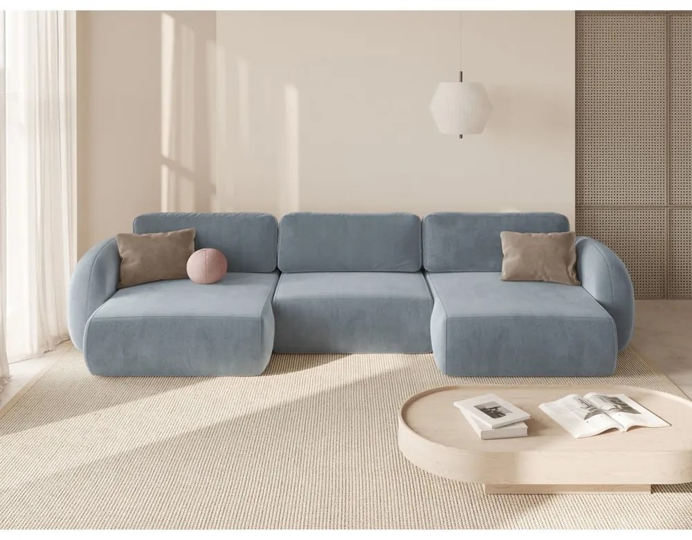 Divano angolare blu polveroso allungabile/con contenitore (a U) con rivestimento in velluto Tonale – Cosmopolitan Design