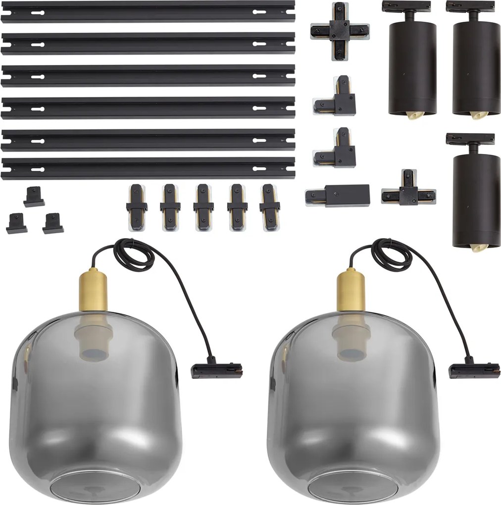 Sistema a binario moderno nero con 2 lampade a sospensione e 3 faretti monofase - Iconic Zuzanna Jeana Luxe