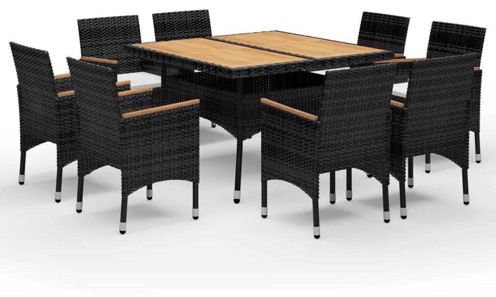 Set da pranzo da giardino 9 pz polyrattan e legno massello nero