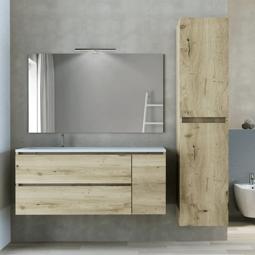 Mobile Bagno Sospeso 120 Cm Due Cassetti Un'Anta Specchio Con Lampada Led 120x70 Cm Esseci Arredo Bagno "Elba"