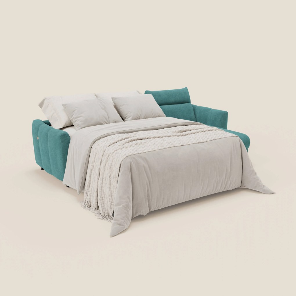 Peonia divano letto angolare con Penisola Contenitore - Materasso H18 cm in Bouclé Impermeabile T07 azzurro