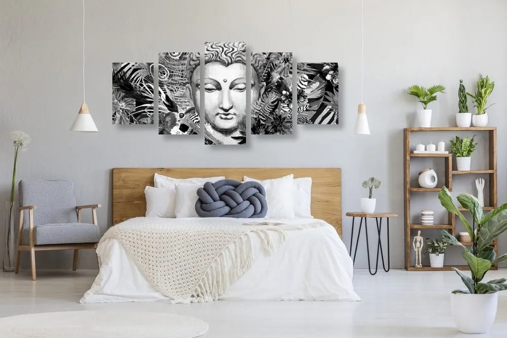 Quadri 5 pezzi – Buddha su sfondo esotico in bianco e nero