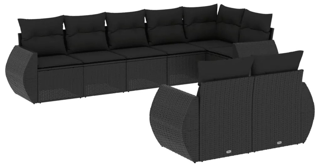 Set divani da giardino con cuscini 8 pz nero in polyrattan