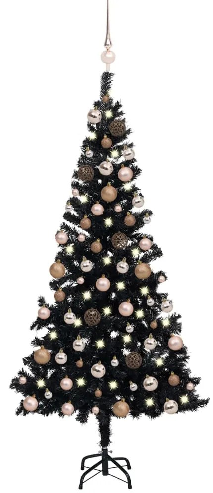 Albero di Natale Preilluminato con Palline Nero in PVC, Albero di Natale Preilluminato con Palline Nero 120 cm PVC