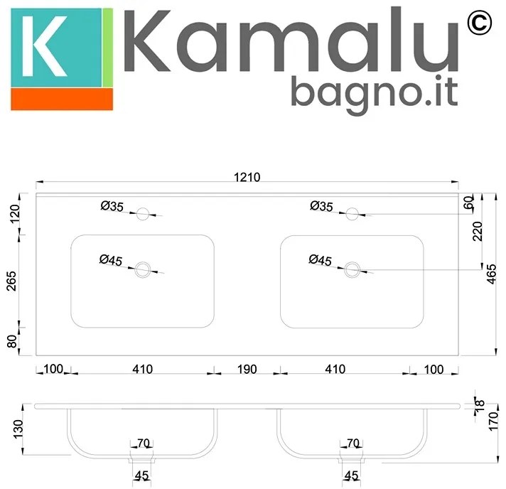 Kamalu - Lavabo incasso 121 cm a doppia vasca | Litos-K7012D