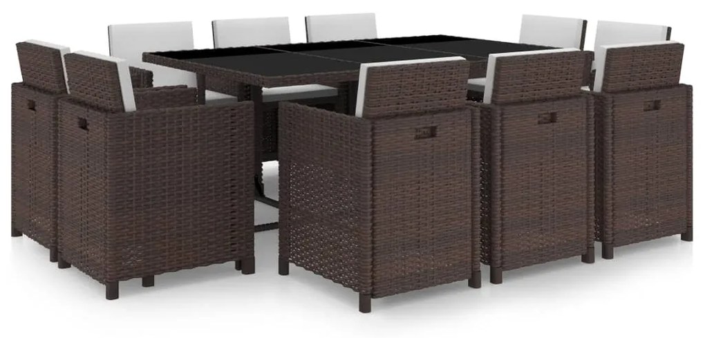 Set da Pranzo da Giardino 11 pz con Cuscini Polyrattan Marrone