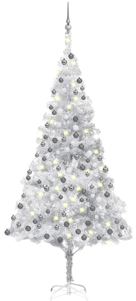 Albero di Natale Preilluminato con Palline Argento in PET, Albero di Natale Preilluminato con Palline Argento 210 cm PET III