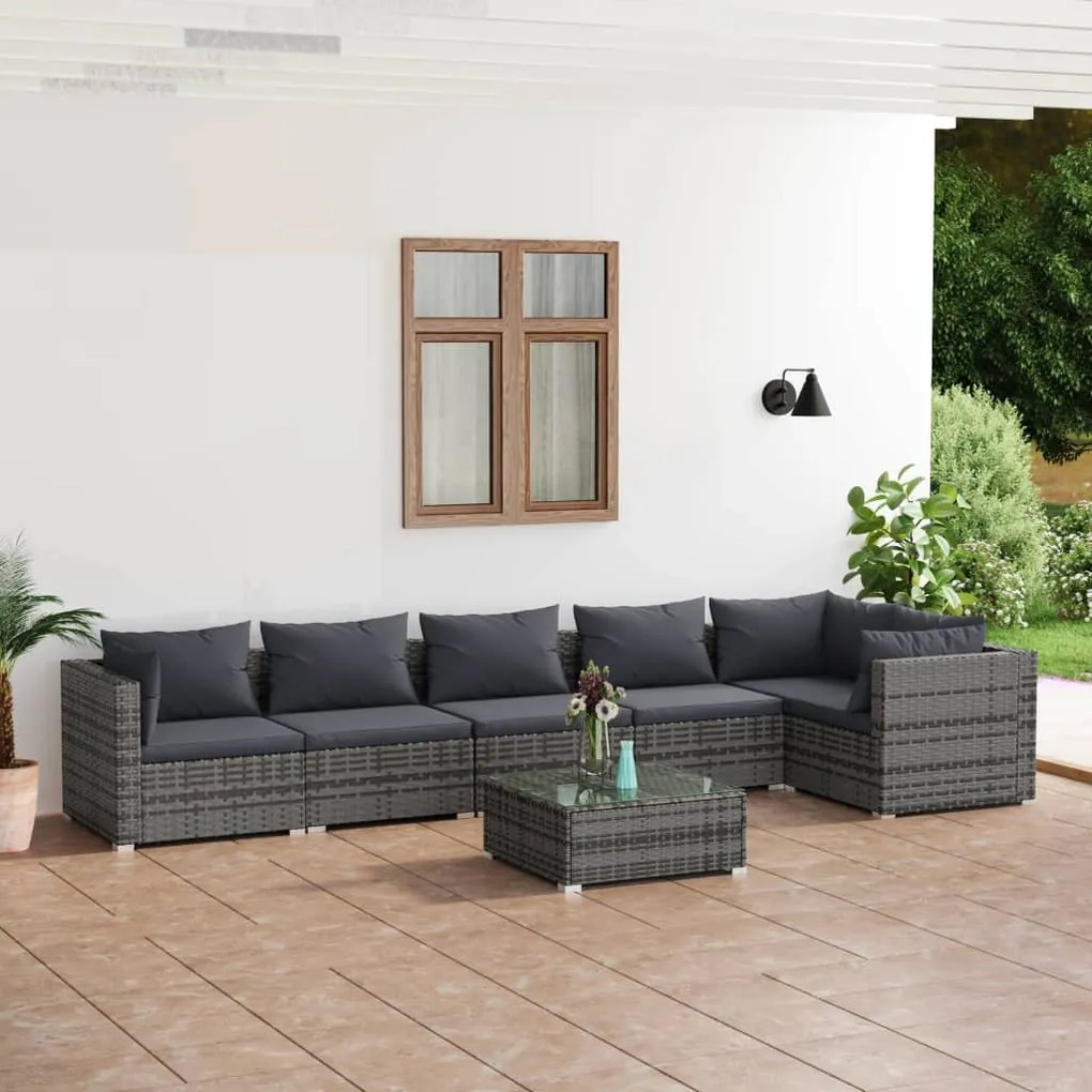 Set Divani da Giardino 7 pz con Cuscini in Polyrattan Grigio