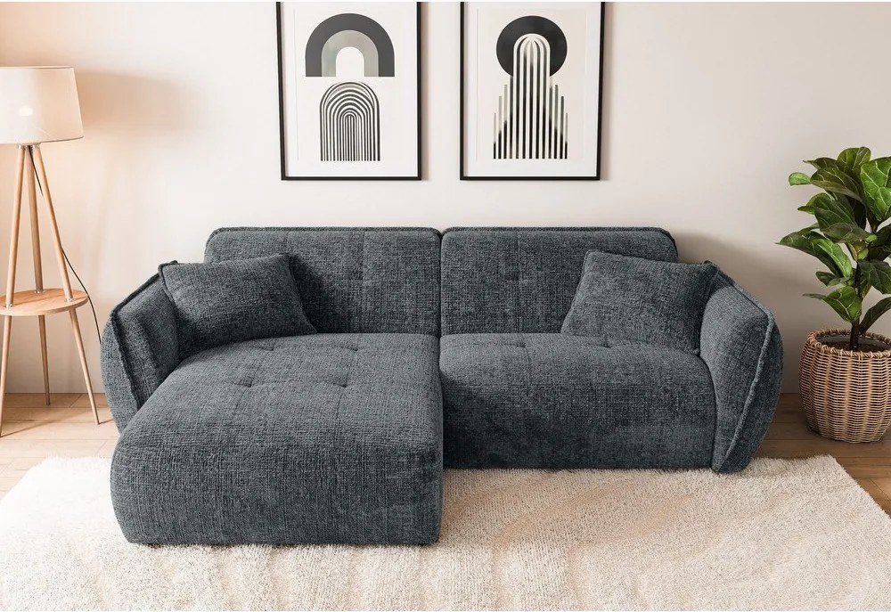 Divano angolare grigio scuro (con penisola a sinistra/con chaise lounge) con rivestimento in ciniglia Nelia – Ropez