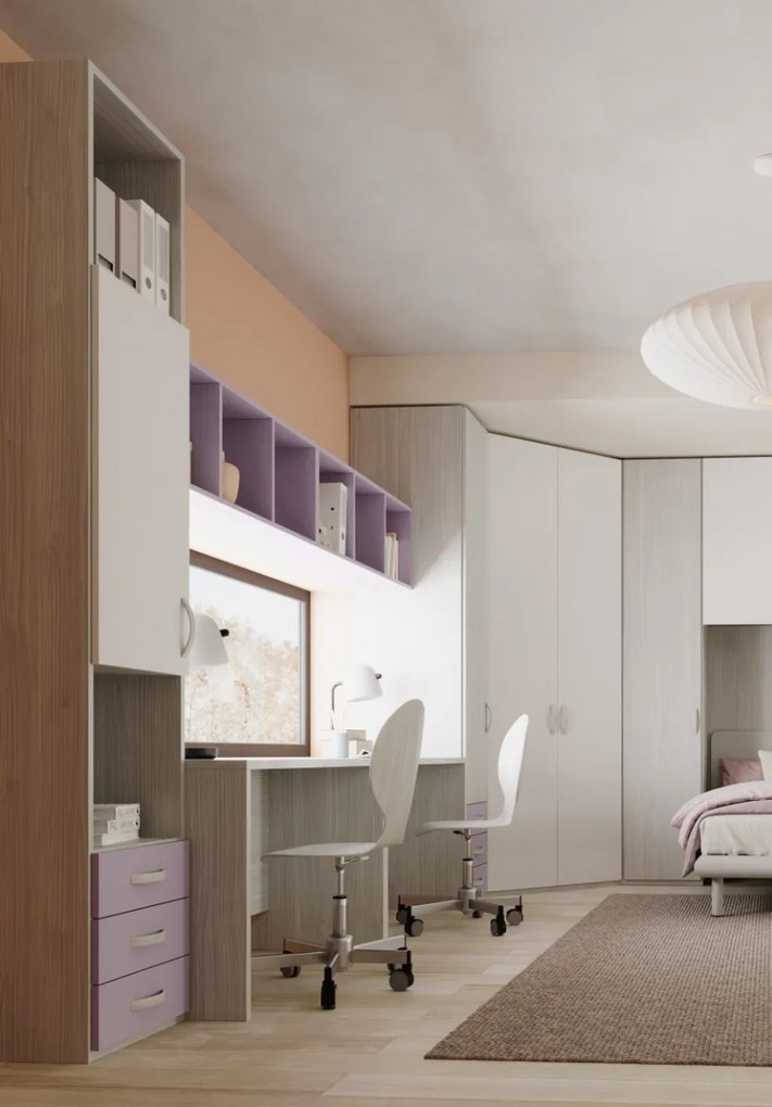 Cameretta David linea Fly finitura Cenere Wood, Bianco e Malva