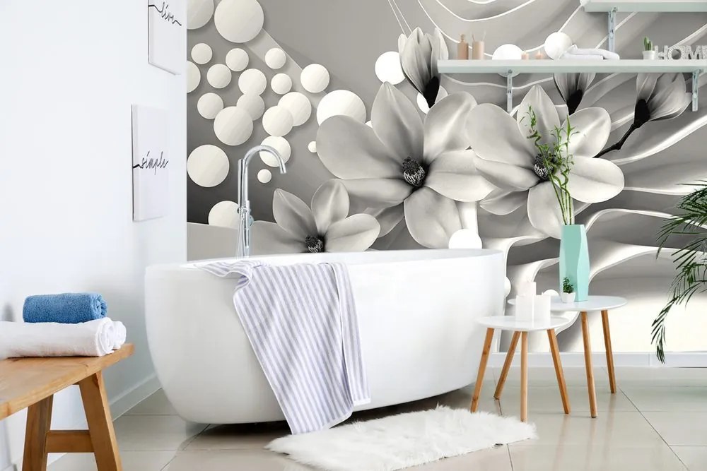 Carta da parati – Magnolia in bianco e nero su sfondo astratto