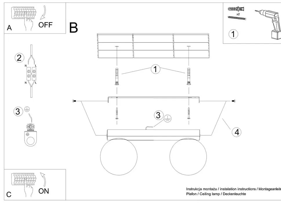 Lampada da soffitto nera con paralume in vetro ø 12 cm Umerta - Sollux