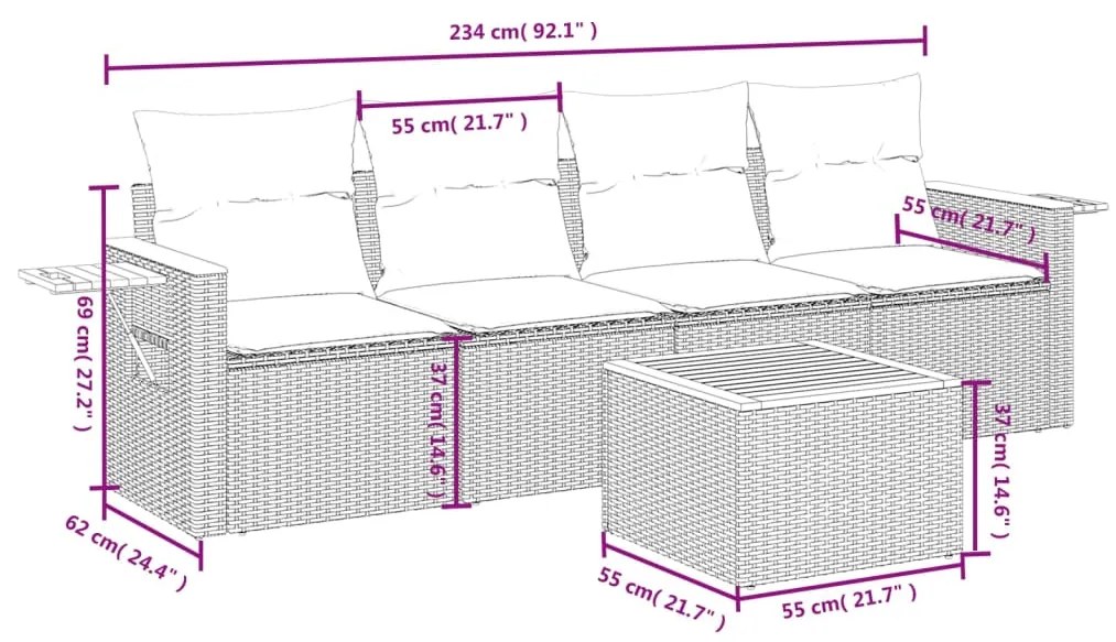 Set Divani da Giardino 5 pz con Cuscini in Polyrattan Nero