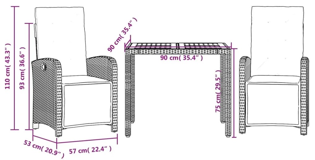 Set da Bistrò 3 pz con Cuscini Grigio in Polyrattan