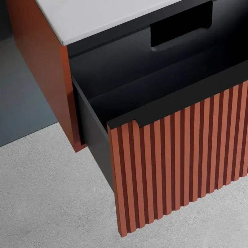 Mobile bagno sospeso 80 cm color terracotta opaco cannettato con cassetto, specchio e lavabo Nara