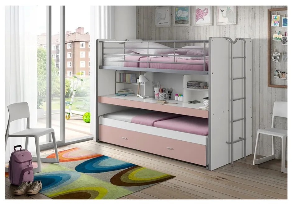 Letto da bambini a castello/estraibile bianco/rosa con contenitore/con scrivania con rete inclusa 90x200 cm Bonny – Vipack
