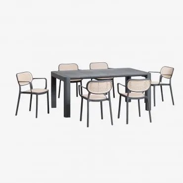 Set Tavolo Rettangolare Arnadine (180x100 Cm) E 6 Sedie Da Pranzo Impilabili Con Braccioli Omara Grigio Grafite - Sklum