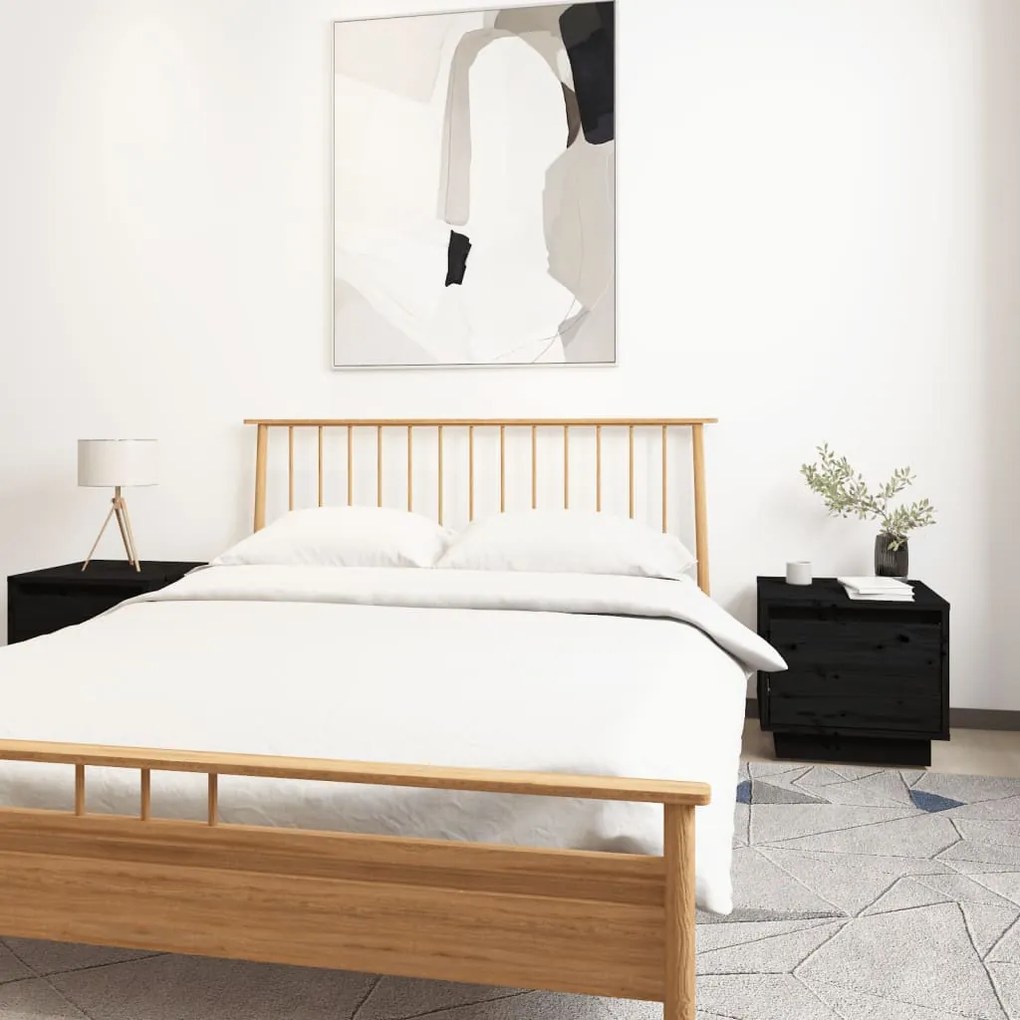Comodini 2 Pz Neri 35x34x32 Cm İn Legno Massello Di Pino /