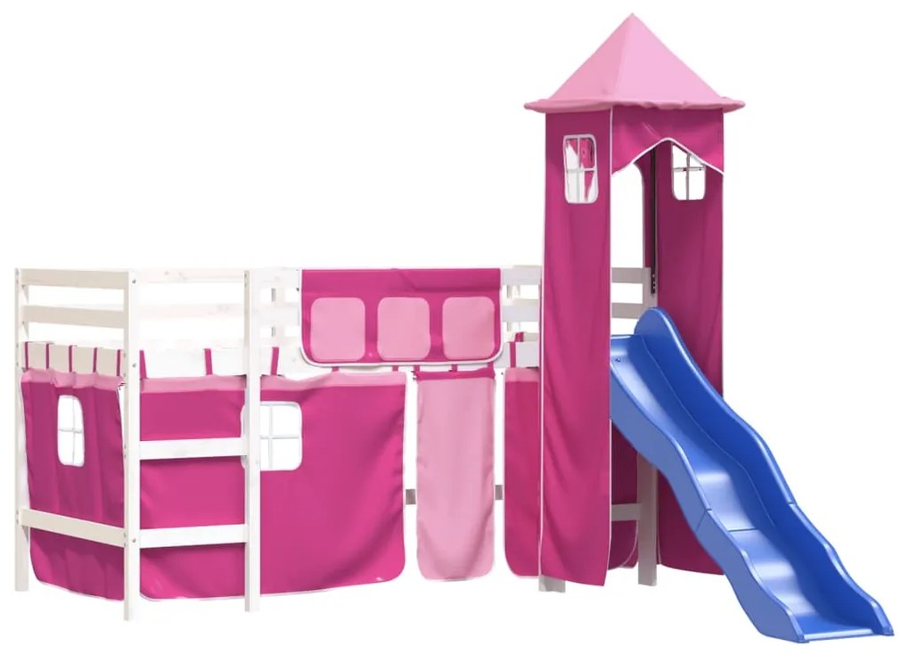 Letto a soppalco con torre bambini rosa 90x200cm massello pino