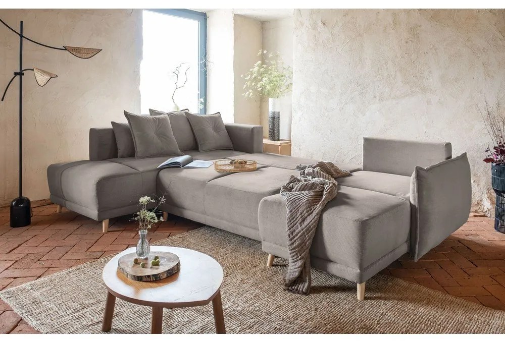 Divano letto angolare in velluto a coste marrone chiaro (angolo sinistro a forma di U) Lazy Lukka - Miuform