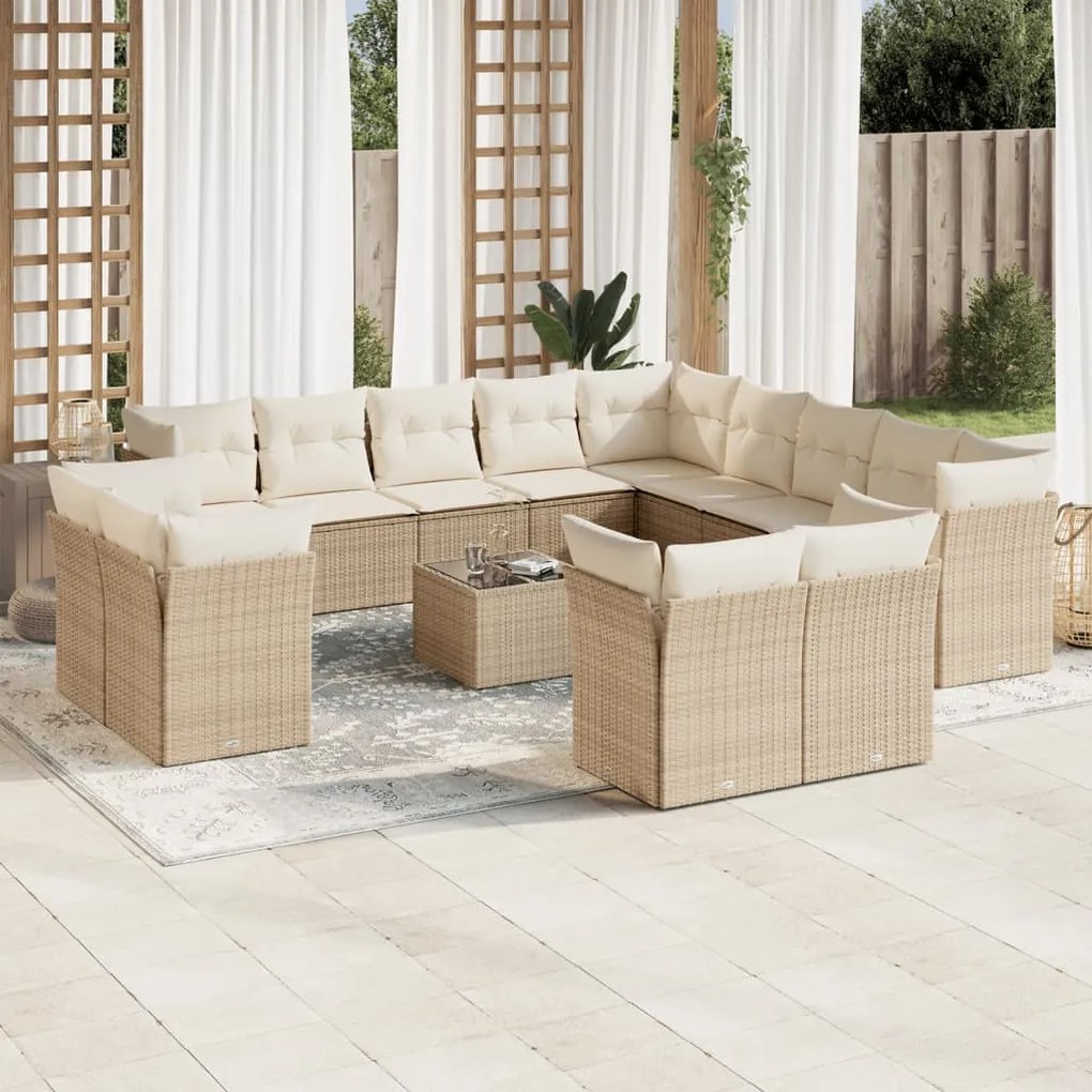 Set divani da giardino 14pz con cuscini in polyrattan beige