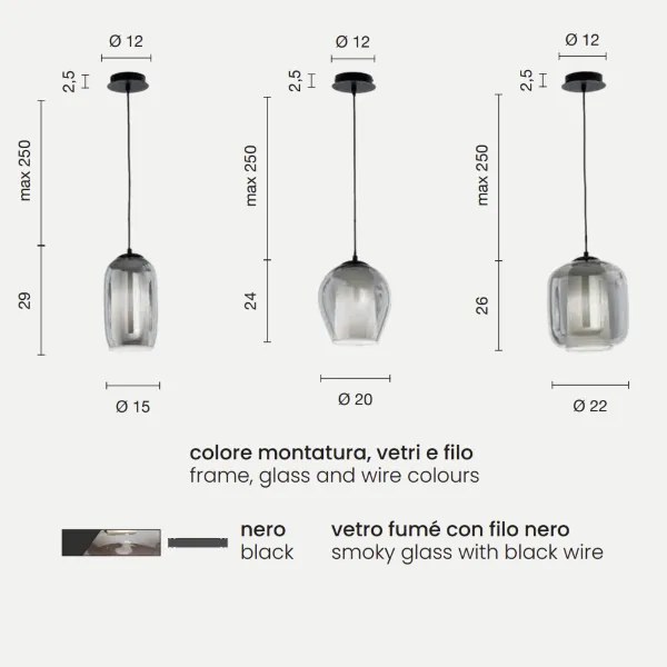 Lampada sospensione BONNIE con 3 diffusori in vetro soffiato 45 cm Fumč