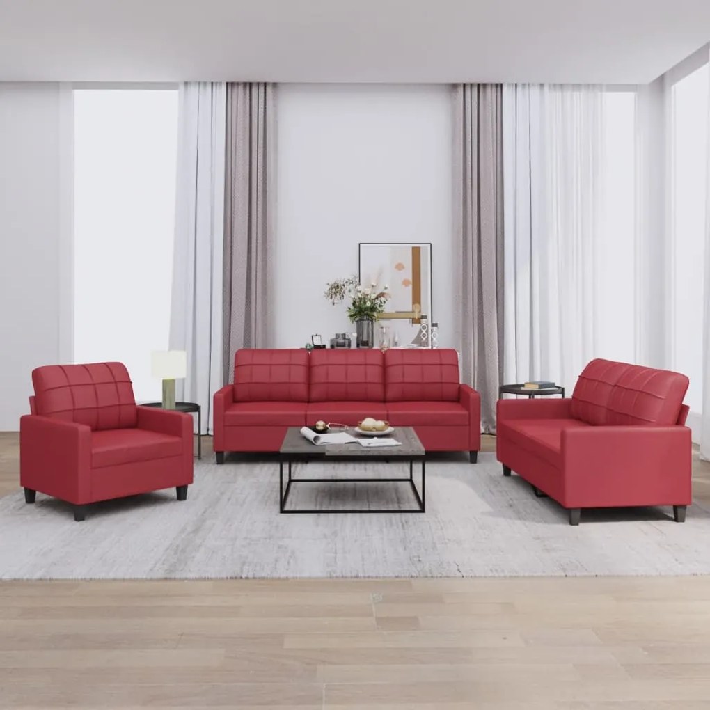 Set Di Divani 3 Pz Con Cuscini Rosso Vino İn Similpelle /