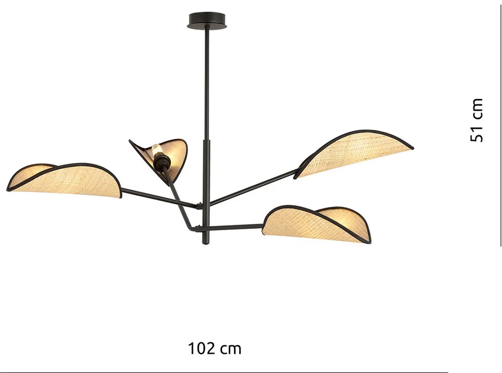 Lampadario 4 Luci Eridano In Acciao Nero E Rattan Con Bracci Mobili