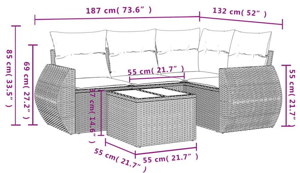 Set Divani da Giardino 5 pz con Cuscini in Polyrattan Nero