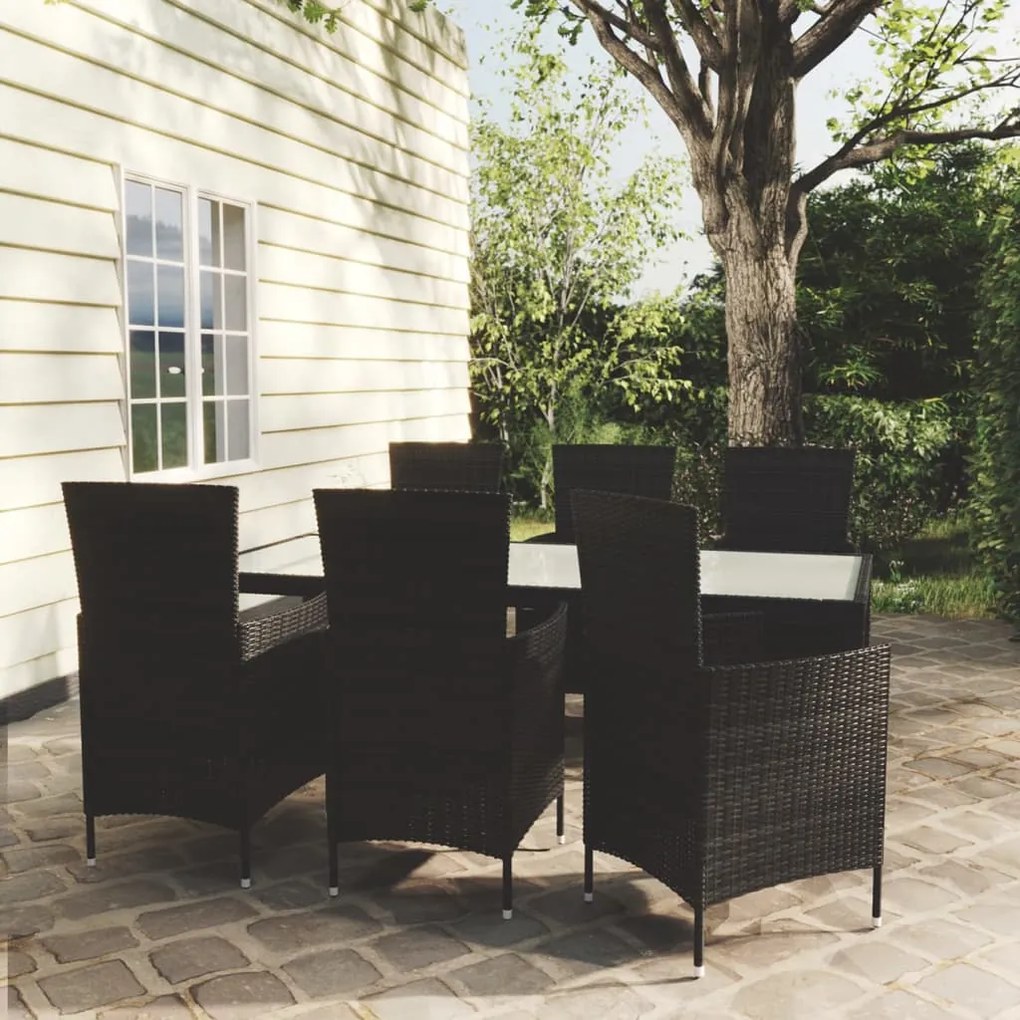 Set mobili da giardino 7 pz con cuscini in polyrattan nero