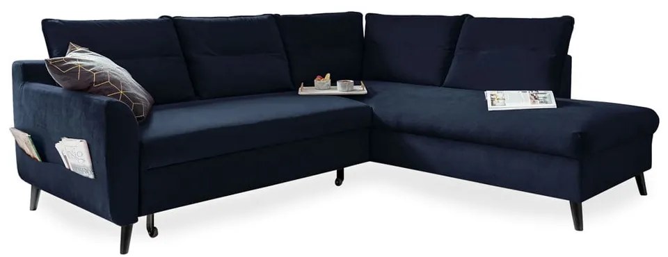 Divano letto angolare in velluto blu scuro L, angolo destro Stylish Stan - Miuform