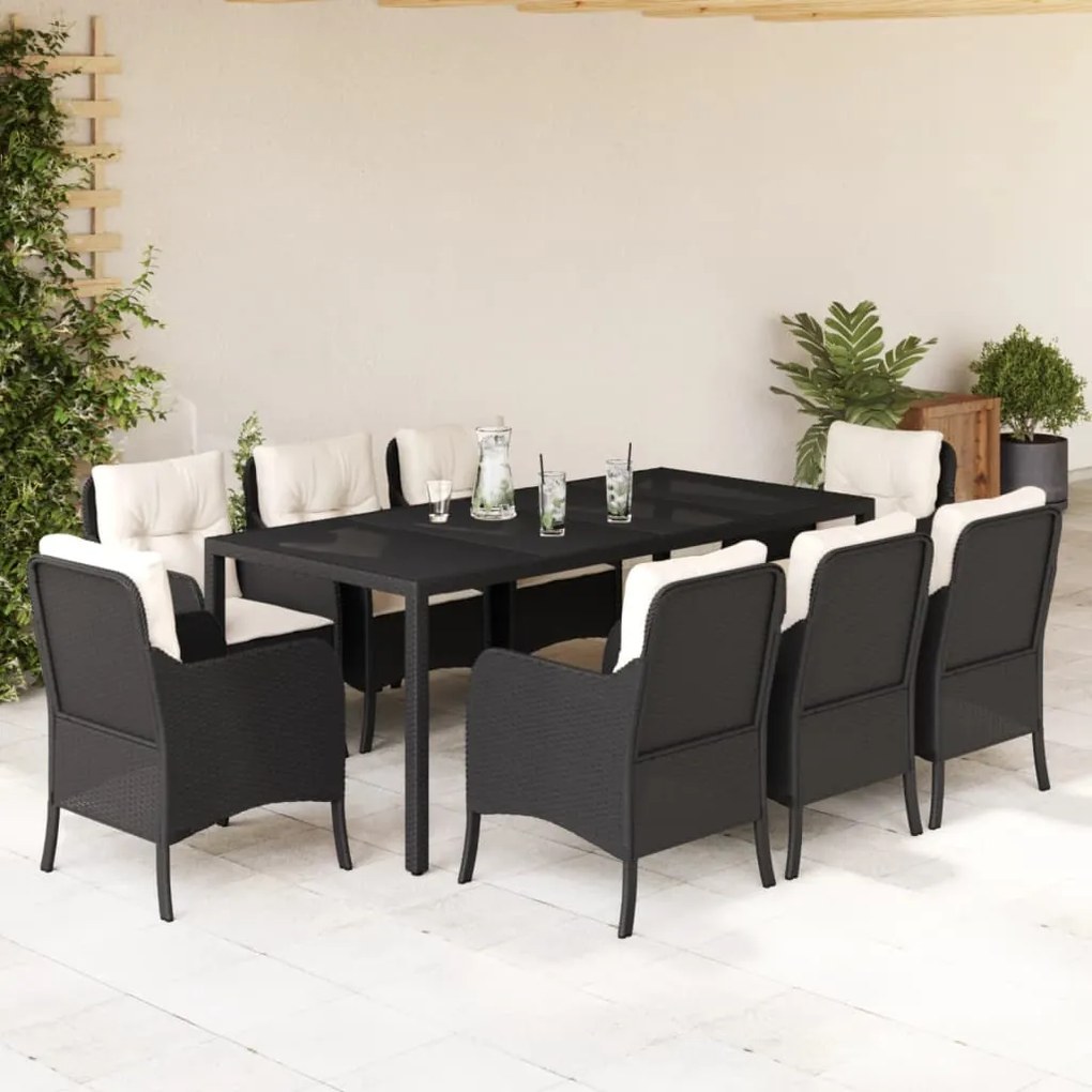 Set da pranzo da giardino 9 pz con cuscini nero in polyrattan