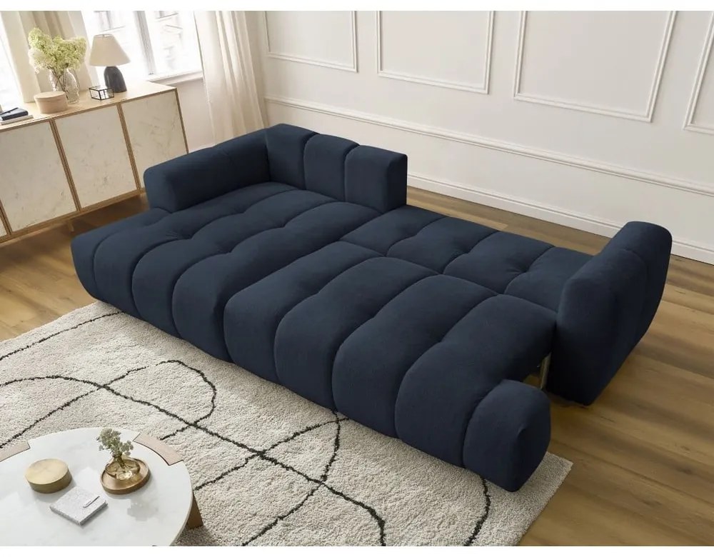 Divano angolare blu scuro allungabile e con contenitore (penisola a sinistra/chaise lounge) con rivestimento in ciniglia Fuji – Bobochic Paris