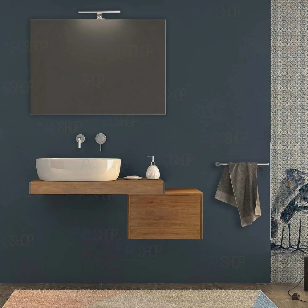 Mensolone bagno 90 cm Rovere tabacco con cassetto 50 cm specchio e lampada kit di fissaggio incluso