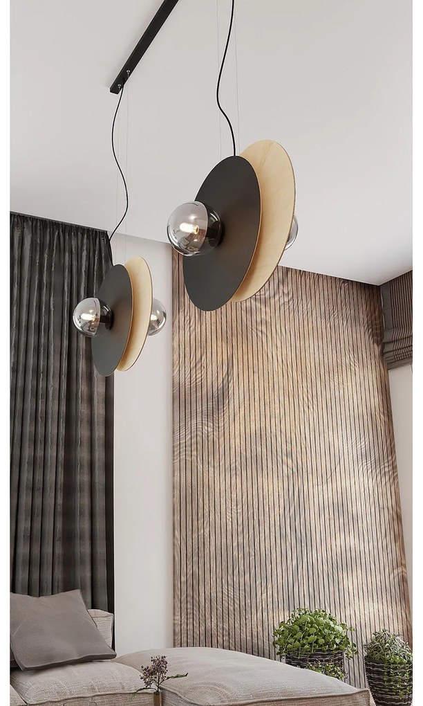 Sospensione Minimal Nordica Brigid 4 Luci In Acciaio Nero E Legno Vetro Fumè