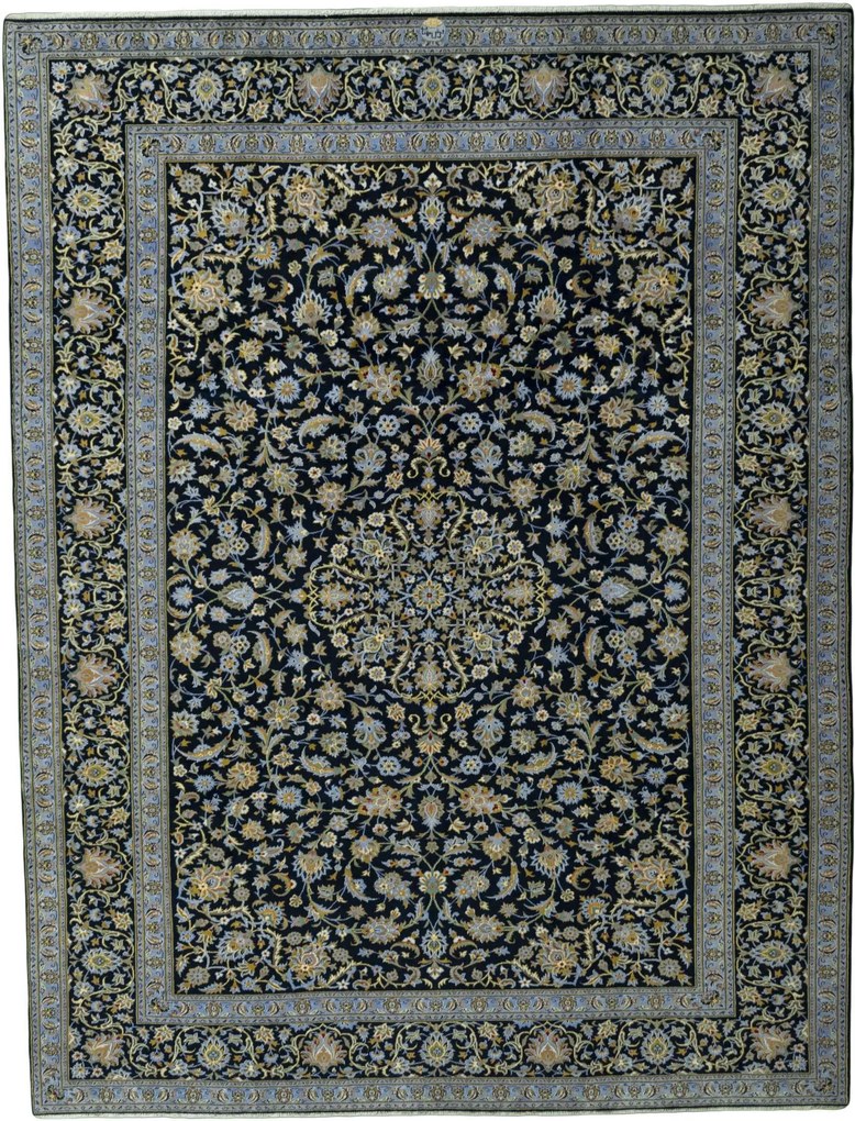 Kashan Tappeto 380x290 Blu (Iran) Annodato A Mano