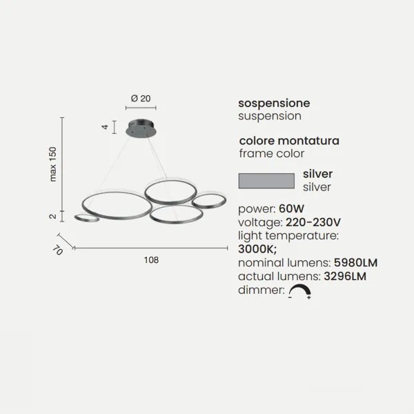 Lampada a sospensione LED POIS in metallo verniciato 108 cm SILVER