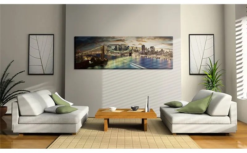 Quadro The East River at night  Colore blu navy, Dimensioni e Misure 120x40