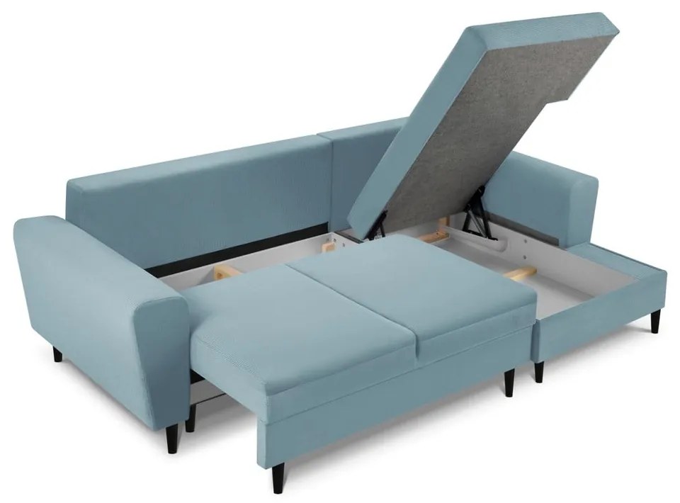Divano angolare azzurro allungabile e con contenitore (con penisola a destra/con chaise lounge) con rivestimento in velluto a coste Kyoto – Cosmopolitan Design