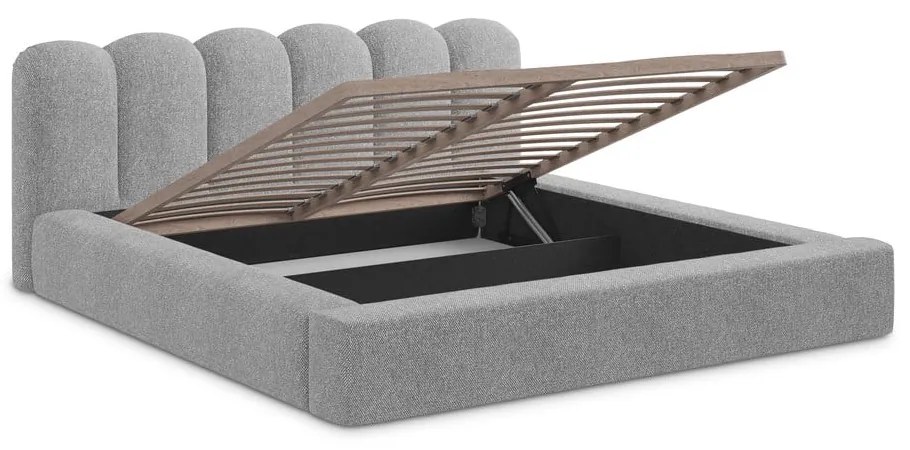 Letto matrimoniale imbottito grigio con contenitore con griglia 160x200 cm Mano - Makamii