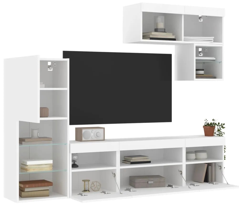 Mobili tv a muro con led 6pz bianchi in legno multistrato