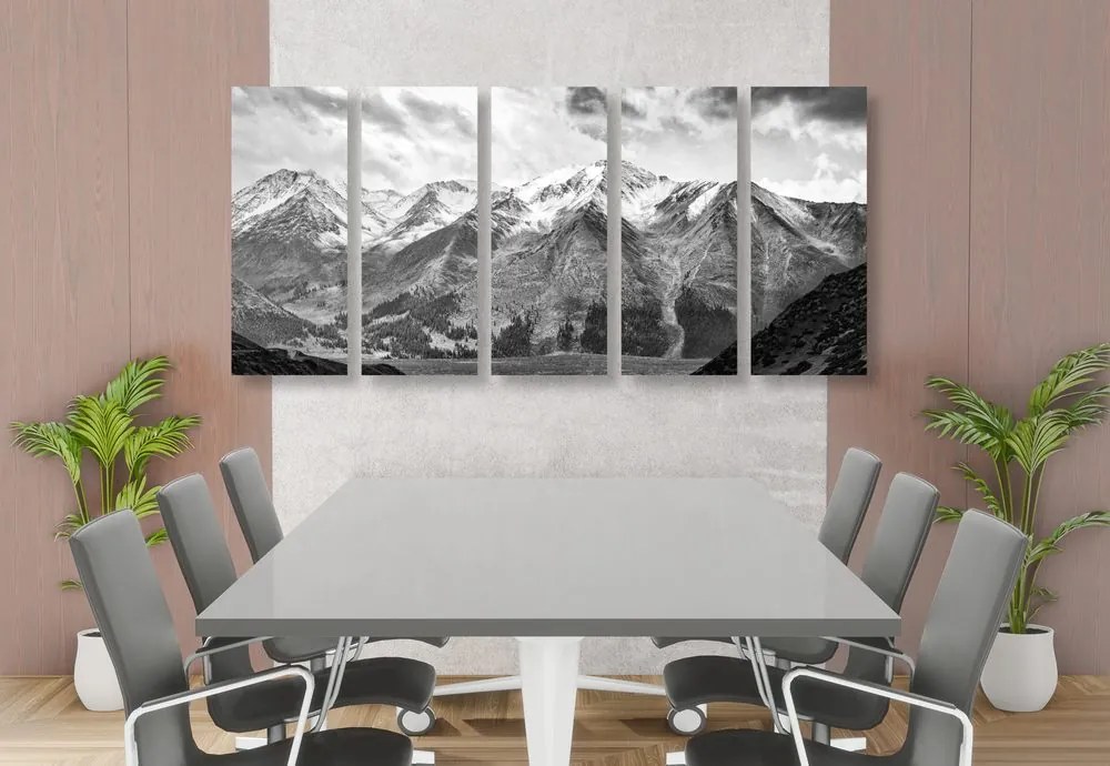 Quadri 5 pezzi – Splendido panorama montano in bianco e nero