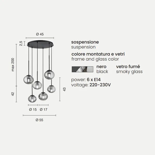Lampada a sospensione JEWEL in metallo e vetro soffiato 55 cm 6 Luci verticale Nero