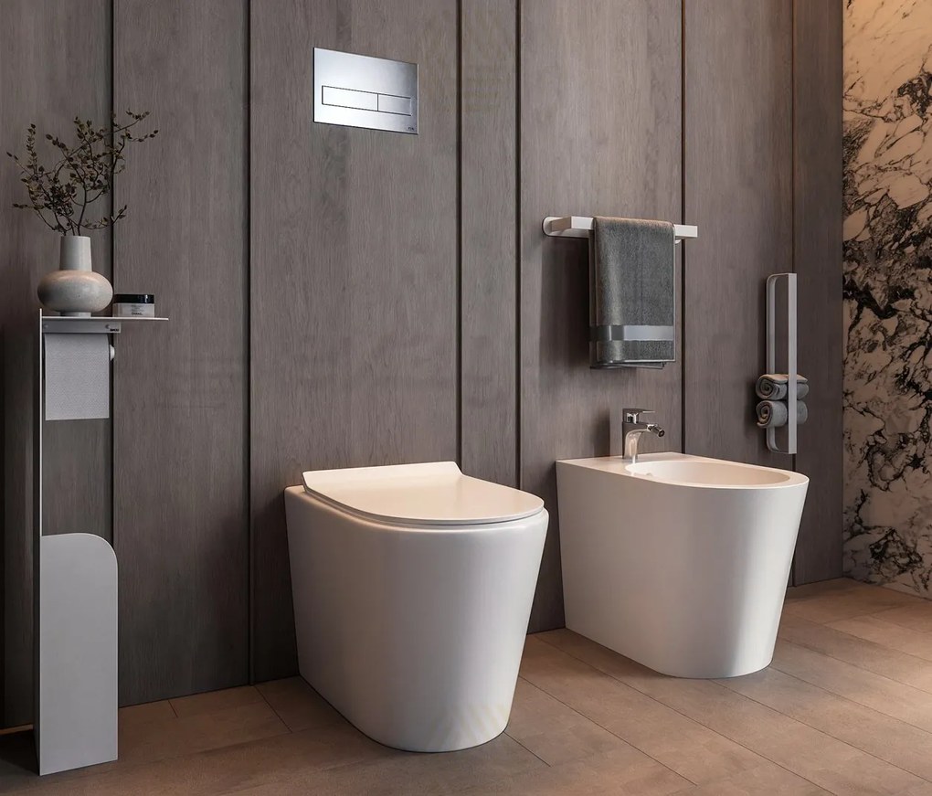 Coppia sanitari pavimento bidet e vaso rimless a filo muro in ceramica con sedile soft close bianco lucido Linea Esse