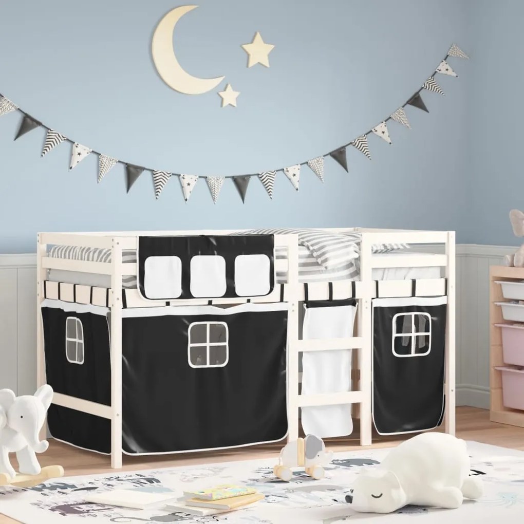 Letto A Soppalco Bambini Con Tende Bianco E Nero 90x190 Cm Pino /