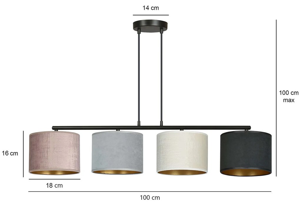 Lampadario 4 Luci Ganesha In Acciaio Nero E Paralumi In Tessuto Multicolore