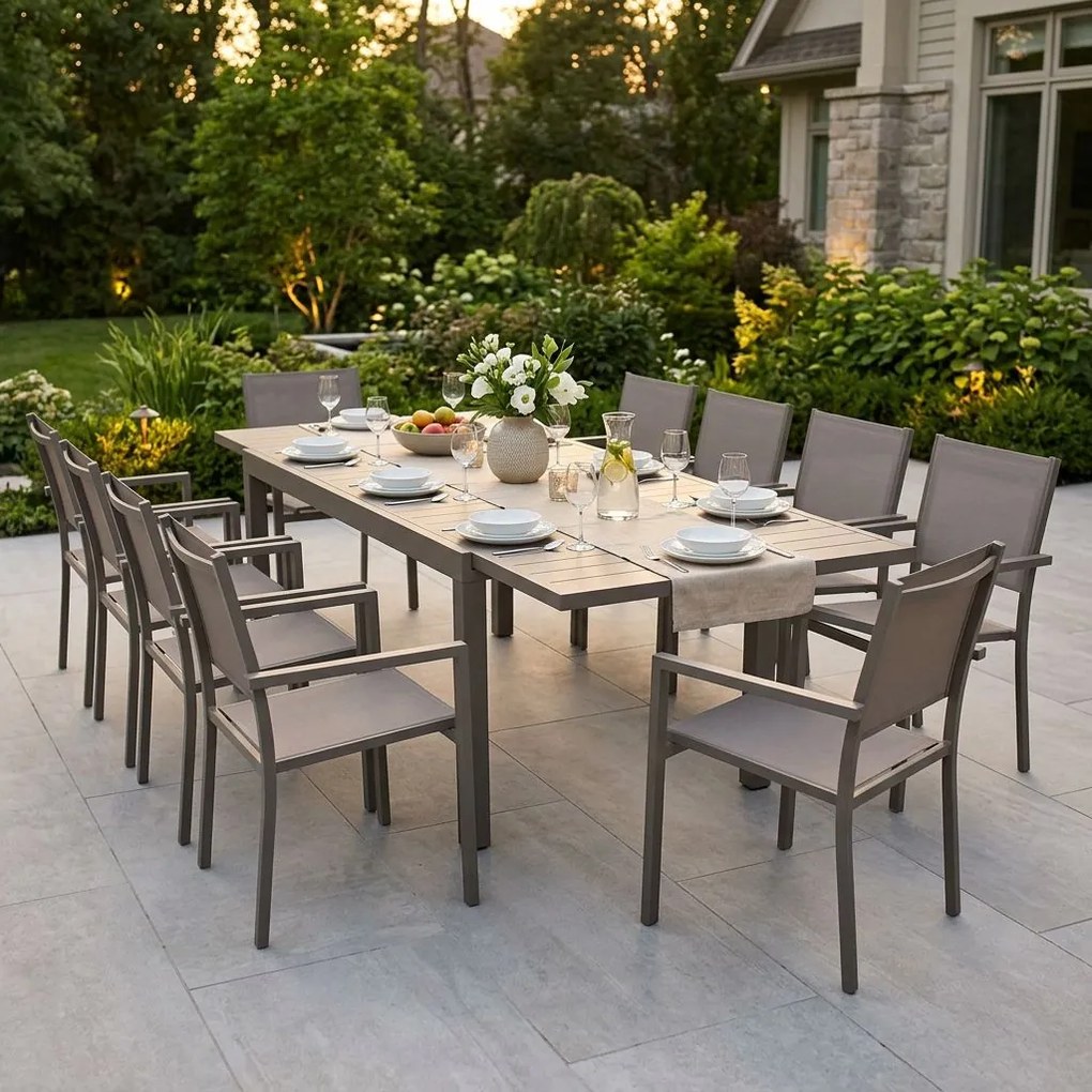 DEXTER - set tavolo in alluminio cm 200/300 x 100 x 74 h con 10 poltrone Venus