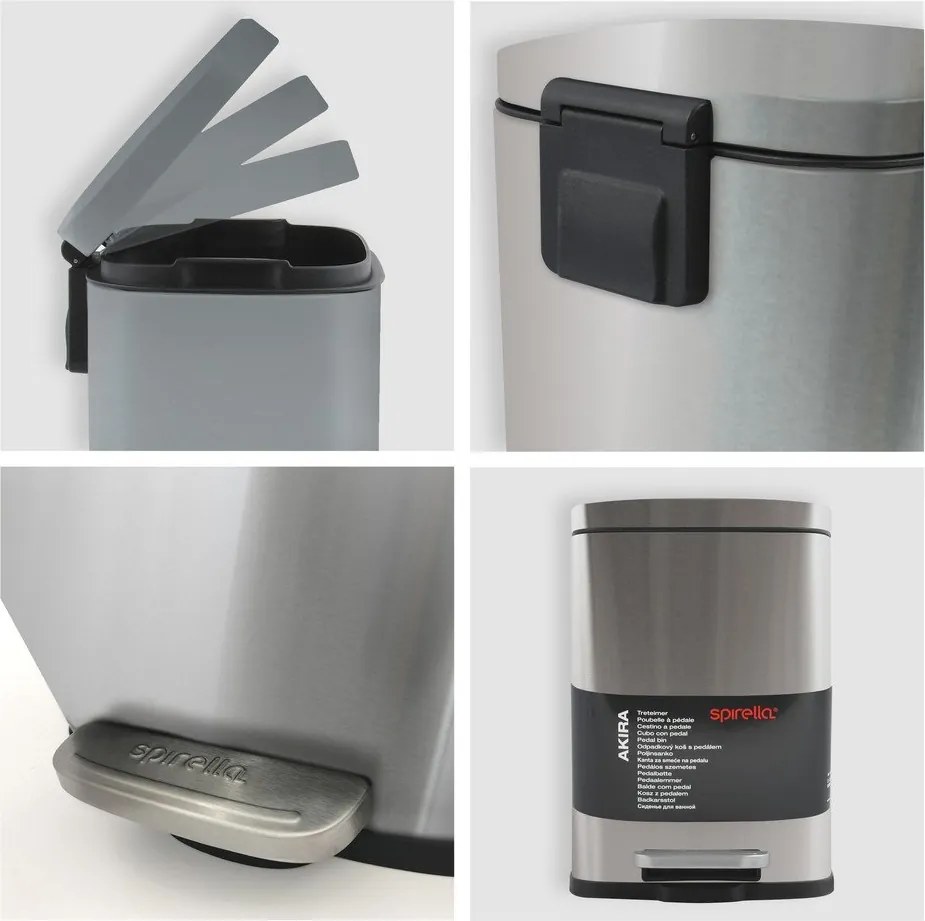 Cestino per la spazzatura color argento opaco in acciaio con pedale 5 l Akira – Spirella